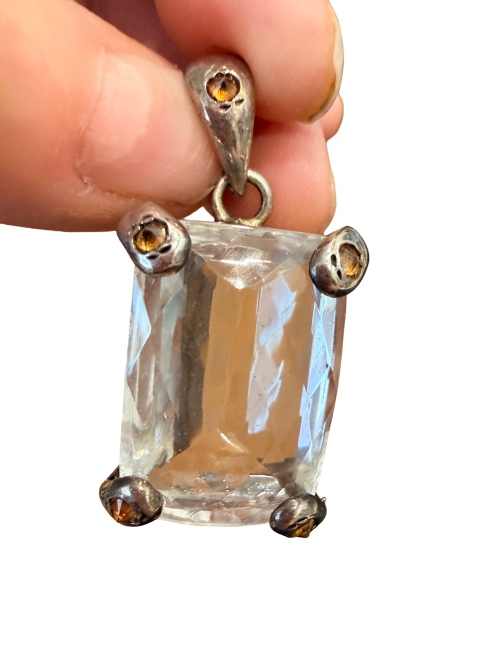 .925 Silver Clear Crystal Rectangle Pendant with citrine Accents